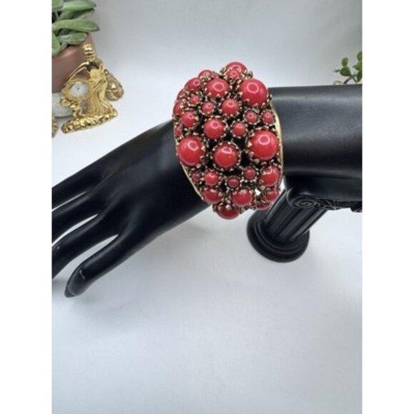 Zara Red Resin Accent Chunky Cuff Bracelet Gold Tone Open-Ended Design NWOT - Picture 2 of 10